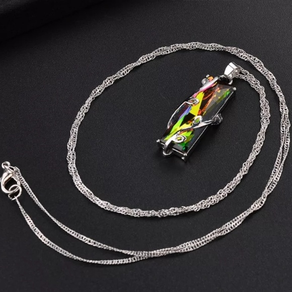 CRYSTAL GLASS NECKLACE Rainbow Silver Long Chain - Picture 2 of 6